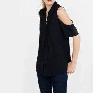 Express Womens Cold Shoulder Blouse Shirt Top Button-Up Pleated Lined Black XS